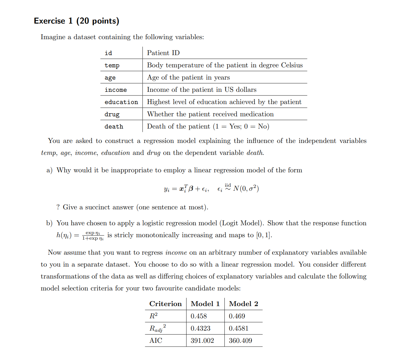 Solved Imagine A Dataset Containing The Following Variables: | Chegg.com