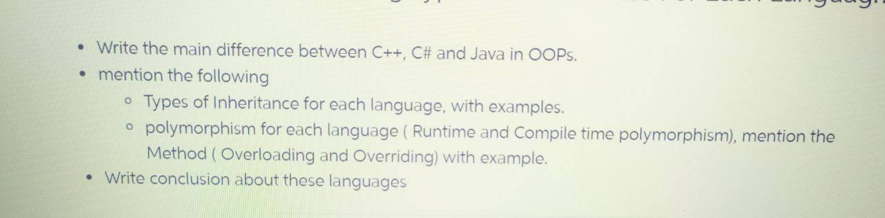 Solved • Write the main difference between C++, C# and Java | Chegg.com