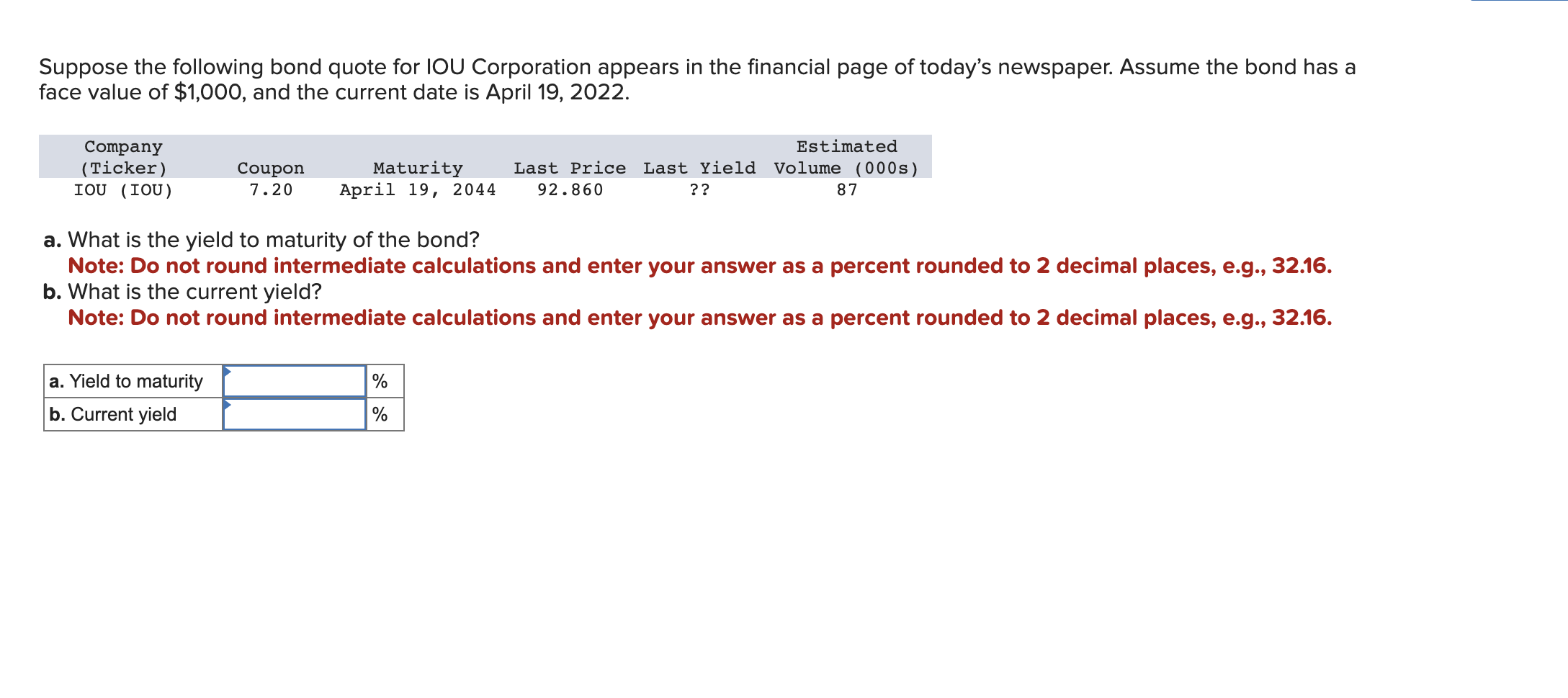 Solved Suppose the following bond quote for IOU Corporation | Chegg.com