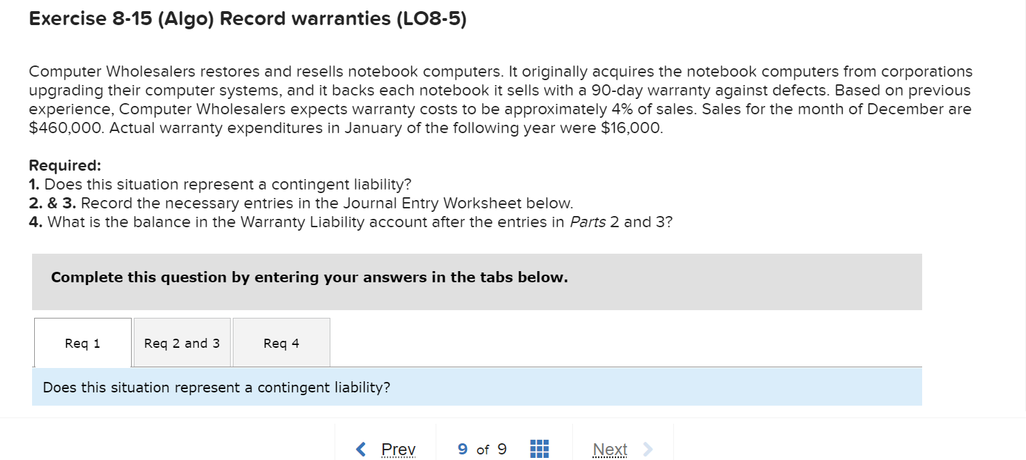 Solved Exercise 815 (Algo) Record warranties (LO85)