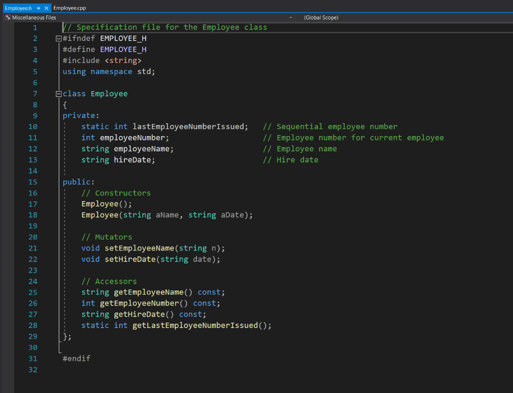 Solved Employee.h Employee.cpp + x Miscellaneous Files | Chegg.com