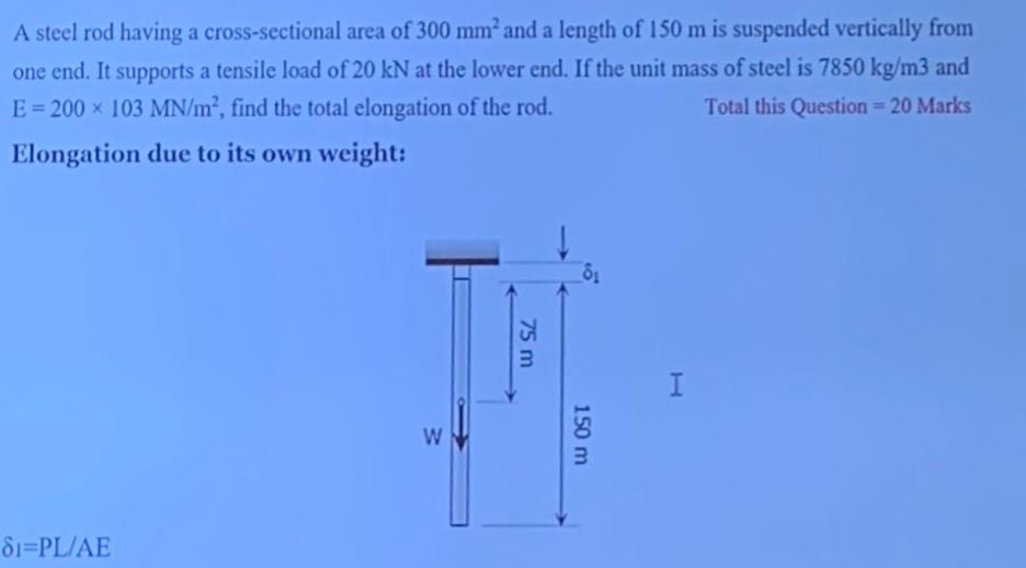A steel rod having a cross-sectional area of 300 mm’and a length of 150 m is suspended vertically from one end. It supports a