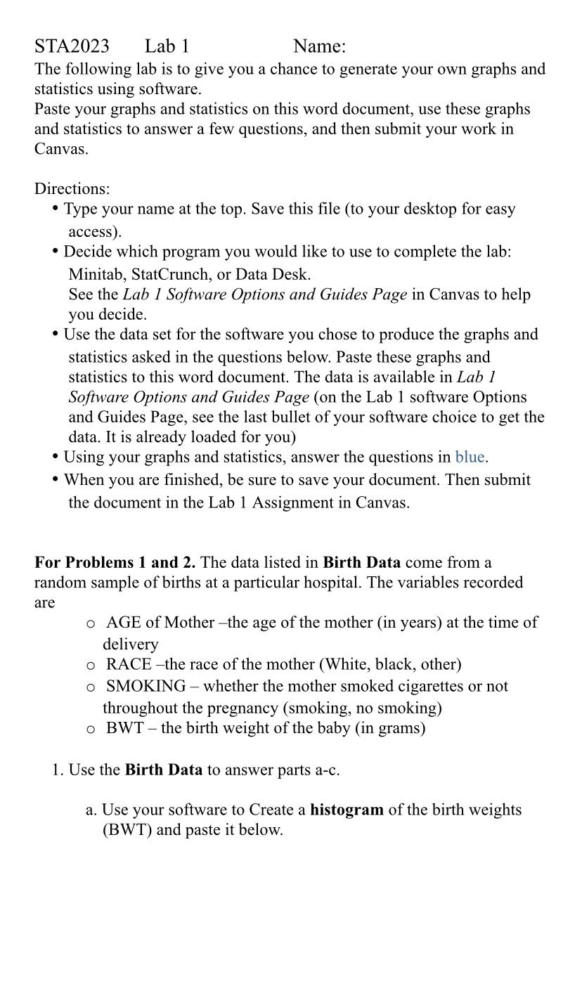 STA2023 Lab 1 Name: The following lab is to give you | Chegg.com