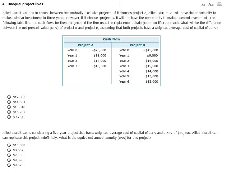 Solved 4 Unequal Project Lives Aa Aa Allied Biscuit Co Has Chegg