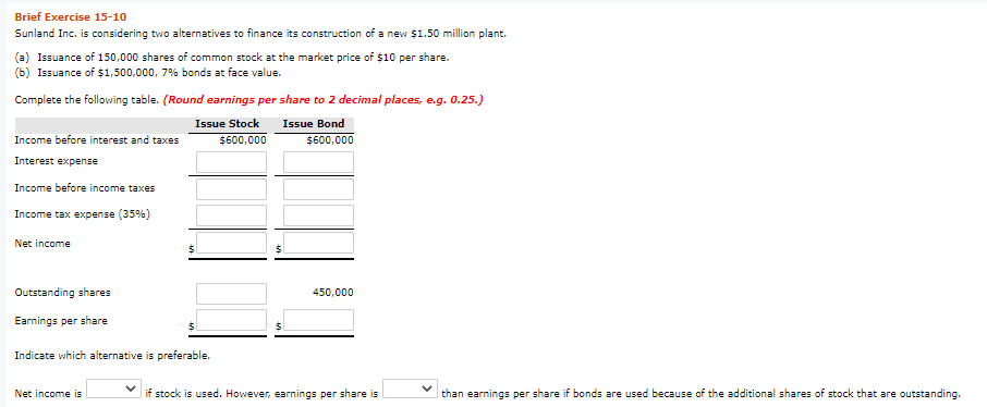 Solved Brief Exercise 15-10 Sunland Inc. Is Considering Two | Chegg.com