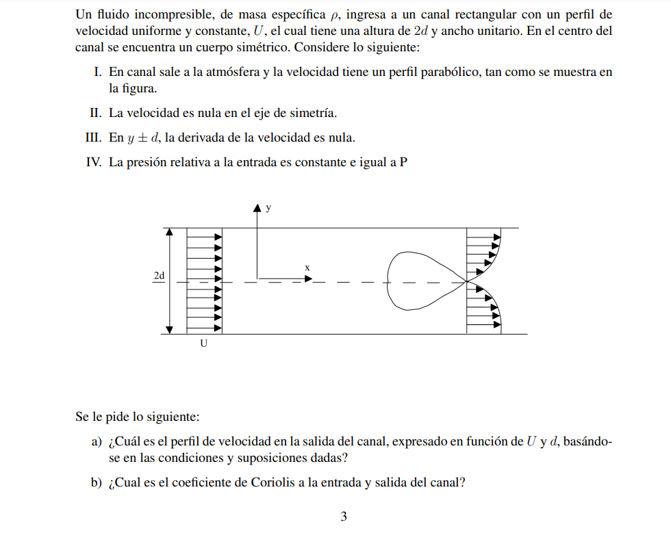 Un fluido incompresible, de masa específica \( \rho \), ingresa a un canal rectangular con un perfil de velocidad uniforme y