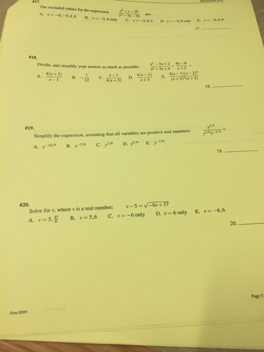 Solved The excluded values for the expression y^2 + y - | Chegg.com