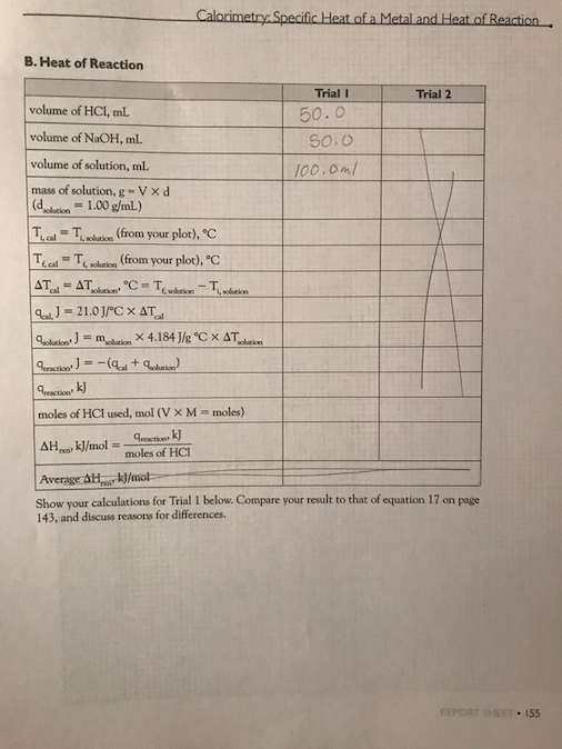 Solved REPORT SHEET Calorimetry Specific Heat of a Metal