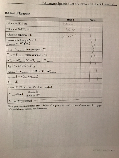 Solved REPORT SHEET Calorimetry: Specific Heat Of A Metal | Chegg.com