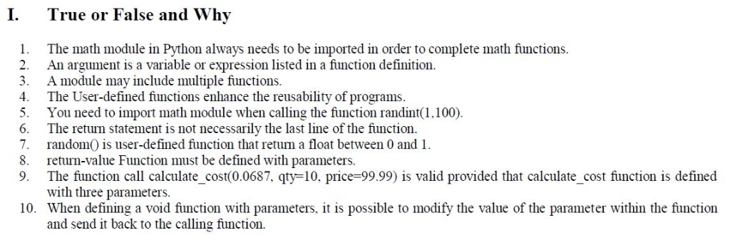 Solved I. True or False and Why 1. The math module in Python | Chegg.com