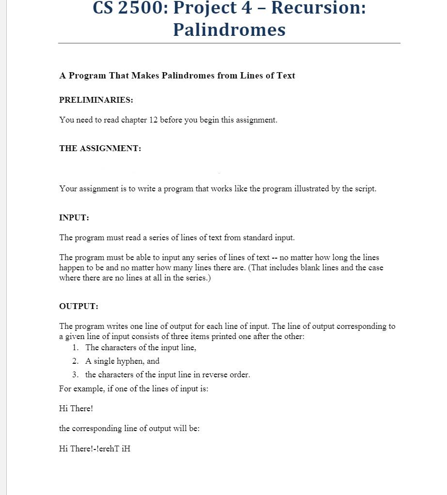 CS 2500: Project 4 – Recursion: Palindromes A Program | Chegg.com