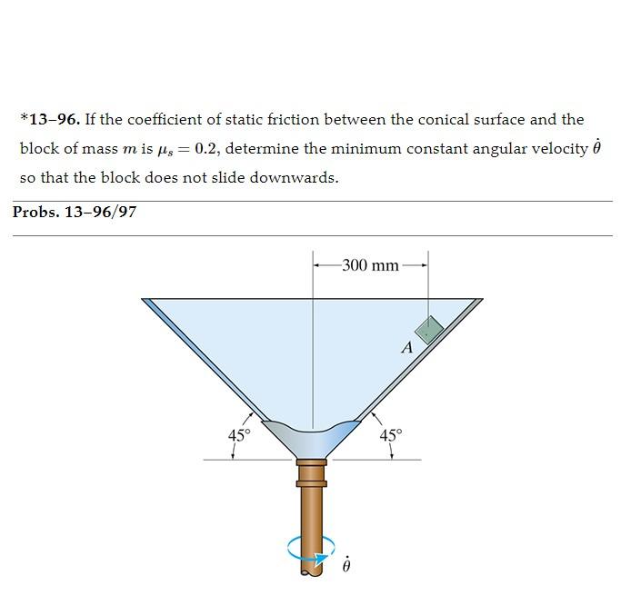 *13-96. If the coefficient of static friction between the conical surface and the block of mass \( m \) is \( \mu_{s}=0.2 \),