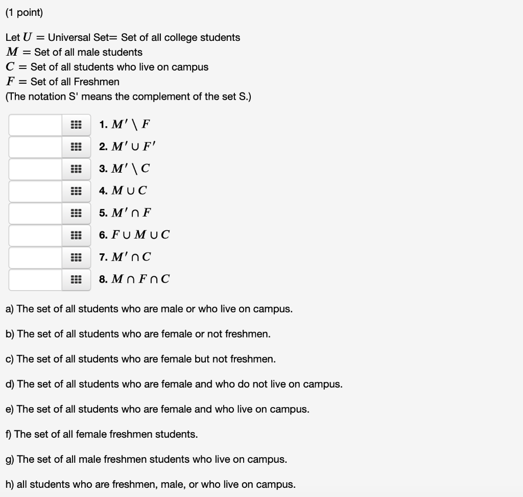Solved 1 Point Let U Universal Set Set Of All College Chegg Solved 1 Point Let U Universal Set Set Of All College Chegg