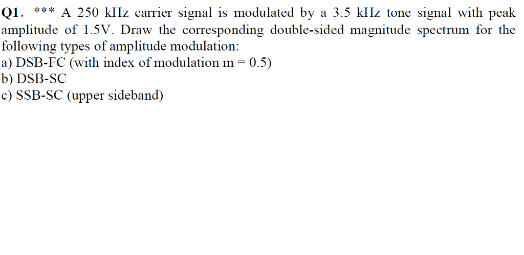 Solved Q1. A 250 kHz carrier signal is modulated by a 3.5 | Chegg.com