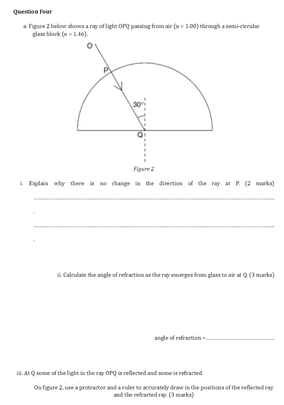 Solved Question Four a. Figure 2 below shows a ray of light | Chegg.com