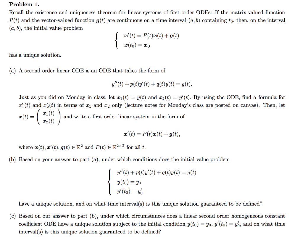 Solved Problem 1. Recall The Existence And Uniqueness | Chegg.com