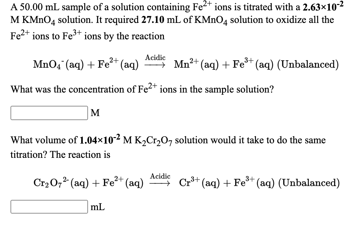 Solved A 50.00 mL sample of a solution containing Fe2+ ions | Chegg.com