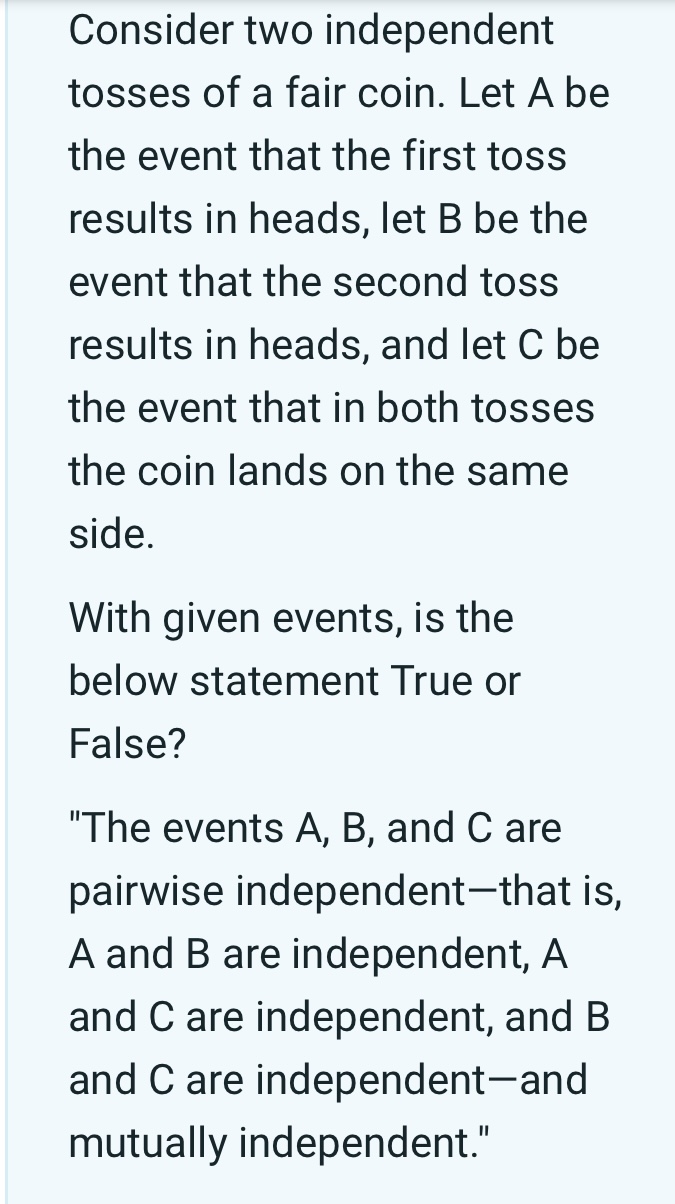 Solved Consider Two Independent Tosses Of A Fair Coin. Let A | Chegg.com