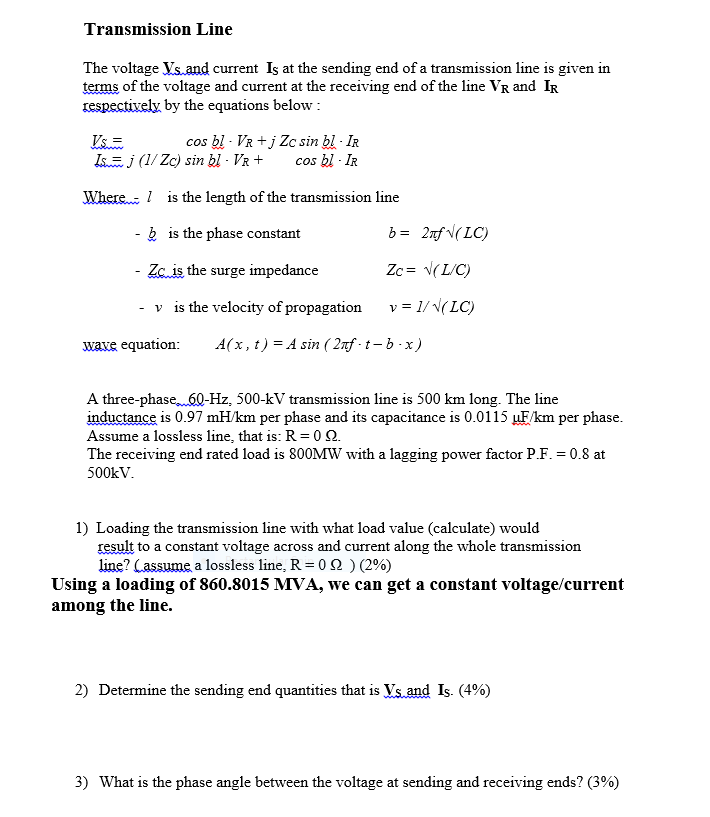 Solved Transmission Line The Voltage Vs And Current Is A Chegg Com