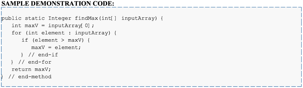 SAMPLE DEMONSTRATION CODE: -- - - - - - - - - — —- - - - - - public static Integer findMax (int[] inputArray) { i int maxV =