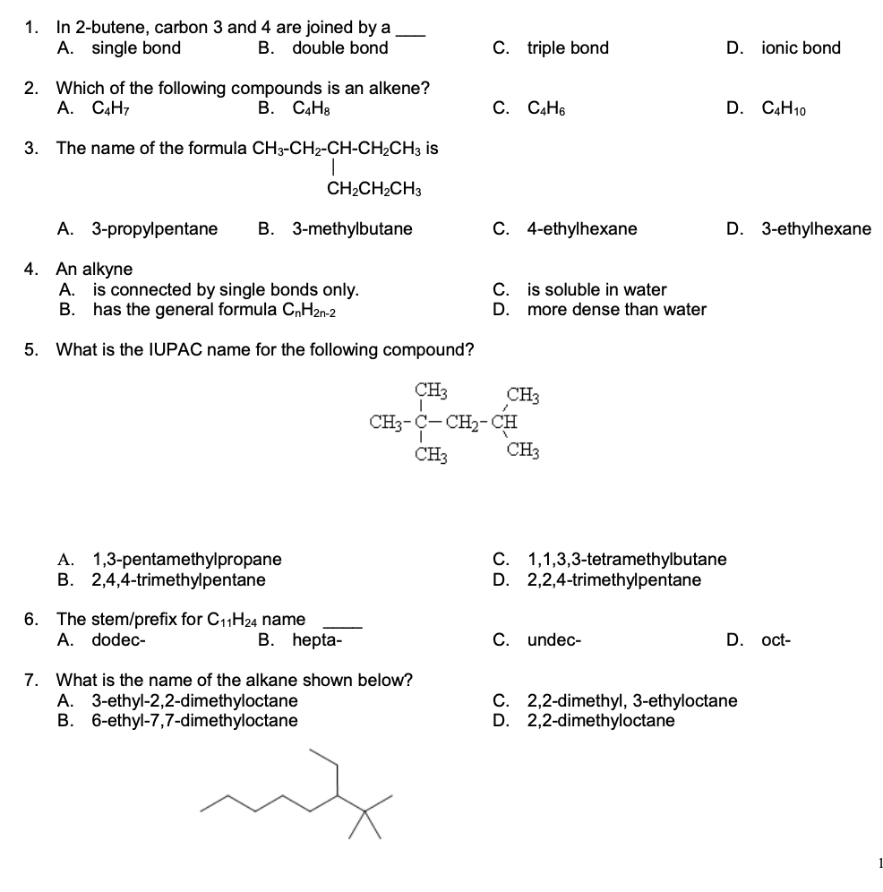 Solved 1. In 2-butene, carbon 3 and 4 are joined by a A. | Chegg.com