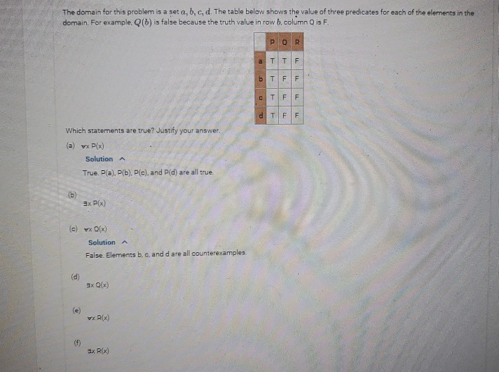 The domain for this problem is a set a, b, c, d. The table below shows the value of three predicates for each of the elements