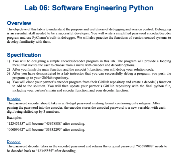 Solved Lab 06: Software Engineering Python Overview The | Chegg.com