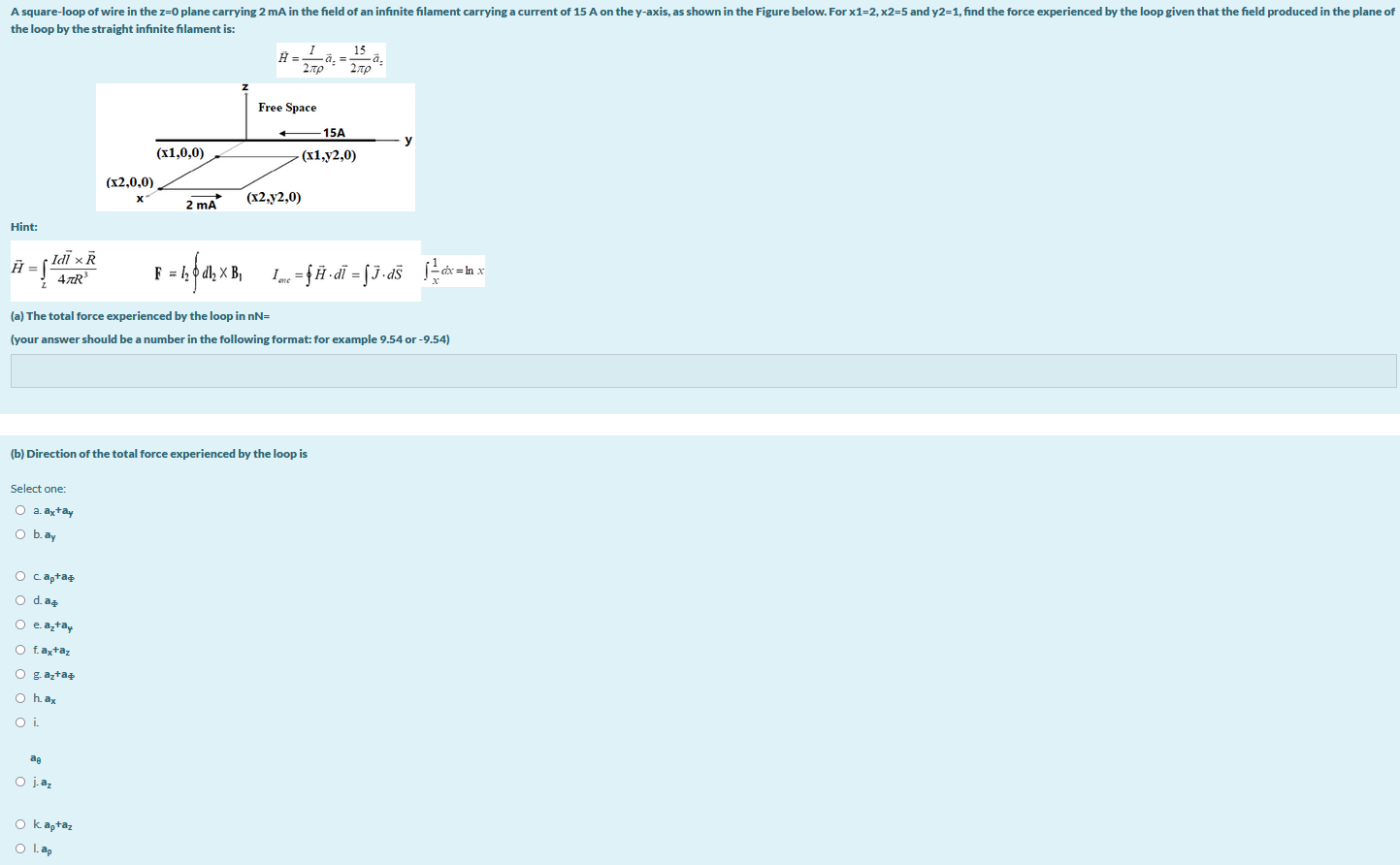 Solved A square-loop of wire in the z=0 plane carrying 2 mA | Chegg.com
