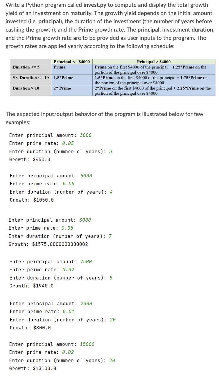 Solved Write a Python program called invest.py to compute | Chegg.com