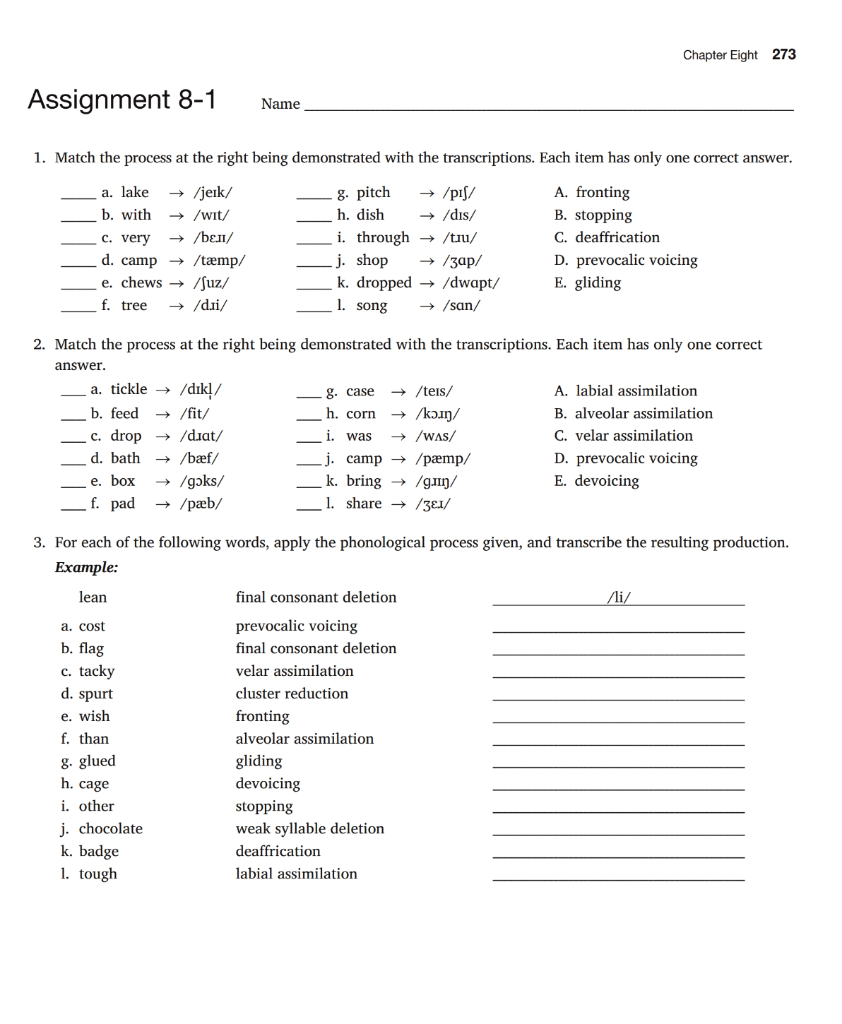 Chapter Eight 273 Assignment 8-1 Name 1. Match the | Chegg.com