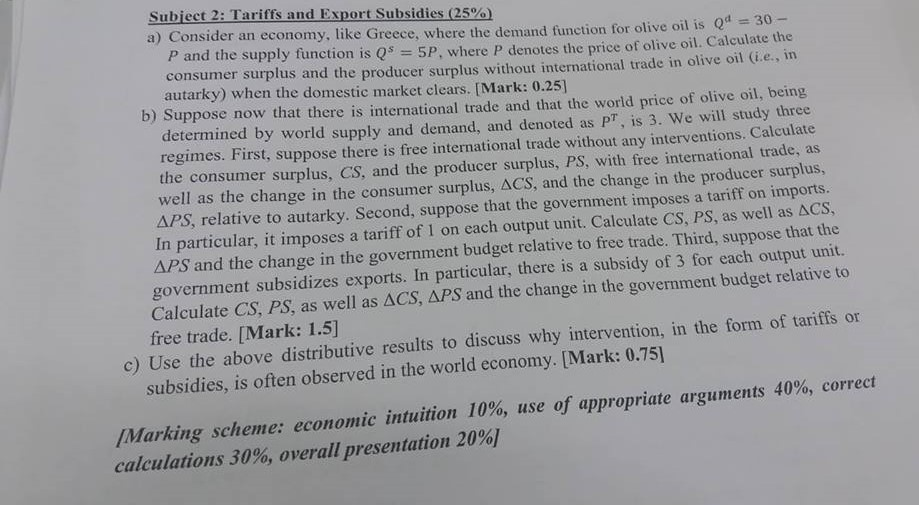 Solved subiect 2: Tariffs and Export Subsidies (2500) nsider | Chegg.com