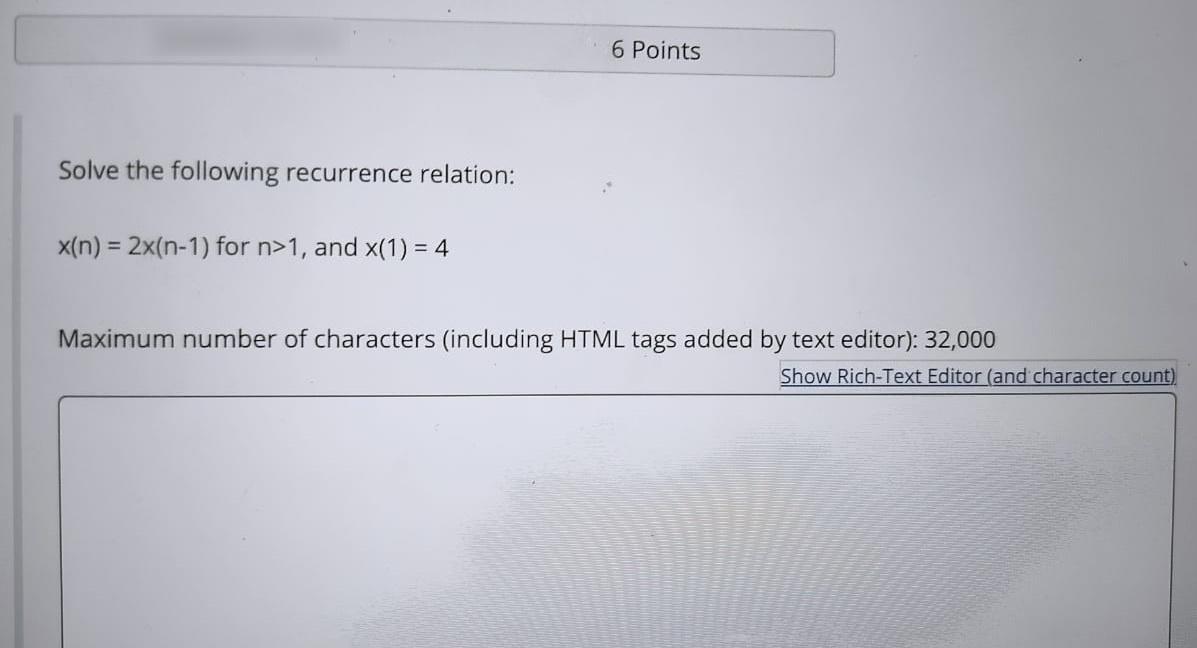 Solved 6 Points Solve the following recurrence relation: | Chegg.com