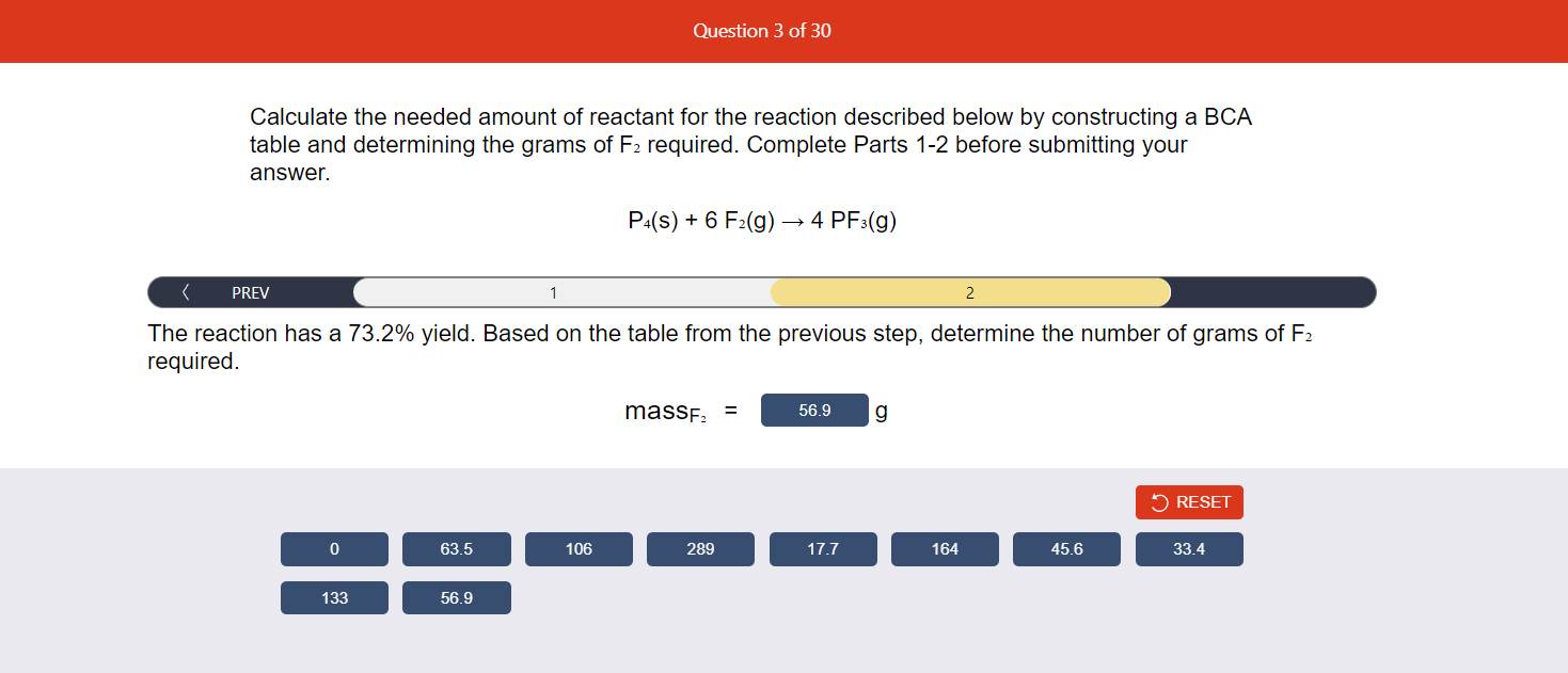 Calculate the needed amount of reactant for the reaction described below by constructing a BCA table and determining the gram