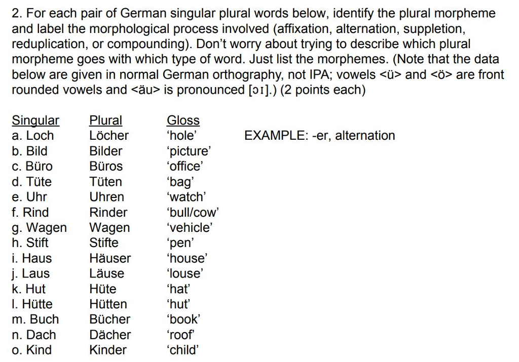 2. For each pair of German singular plural words