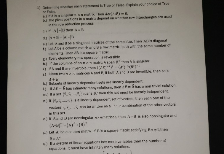 Solved 1) Determine whether each statement is True or False. | Chegg.com