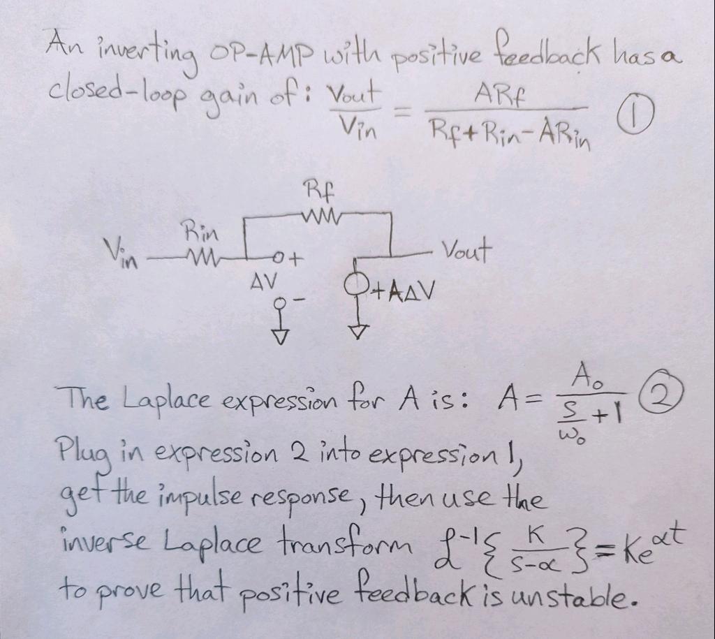 An inverting OP-AMP with positive feedback has a closed-loop gain of: \( \frac{V_{\text {out }}}{V_{\text {in }}}=\frac{A R f