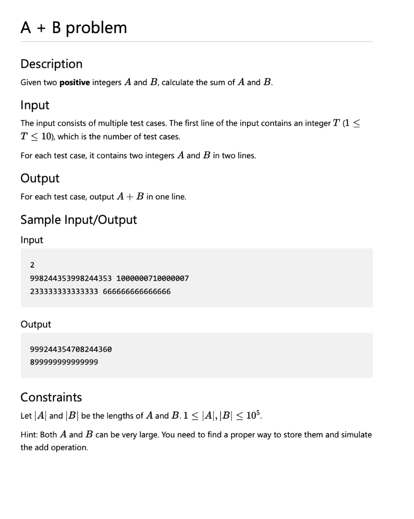 Solved A+B Problem Description Given Two Positive Integers A | Chegg.com