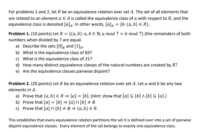 Solved For problems 1 and 2, let R be an equivalence | Chegg.com