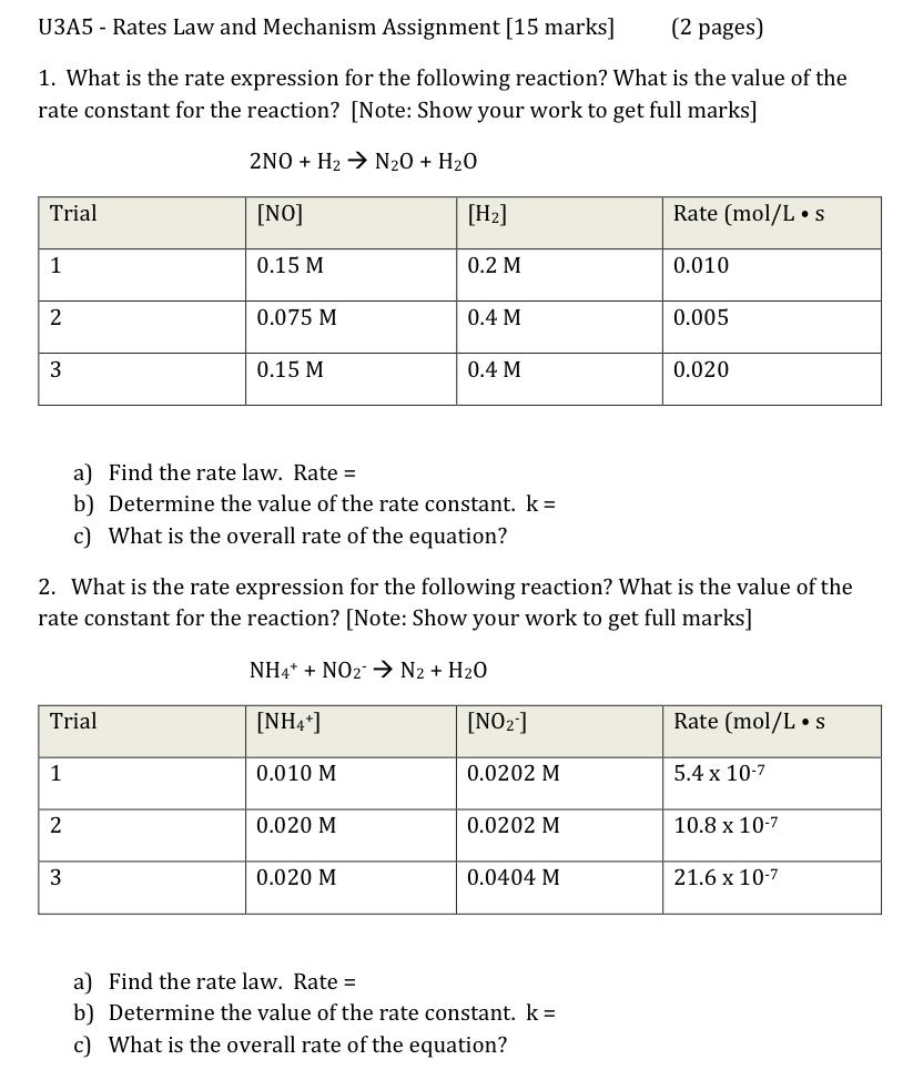1. What is the rate expression for the following reaction? What is the value of the rate constant for the reaction? [Note: Sh