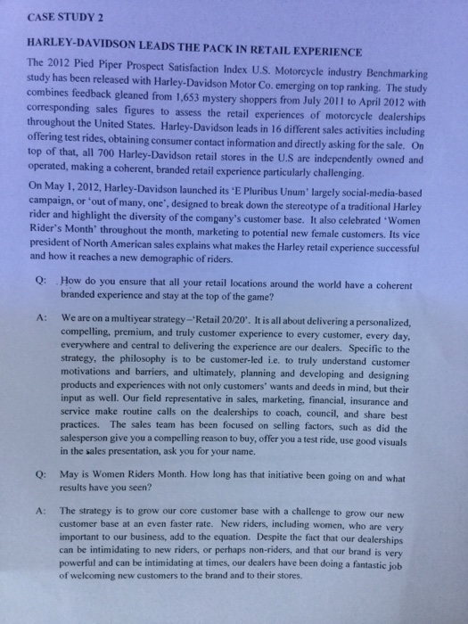 Solved CASE STUDY 2 HARLEYDAVIDSON LEADS THE PACK IN RETAIL