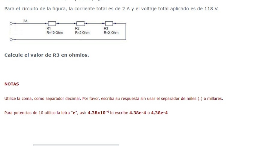 Para el circuito de la figura, la corriente total es de \( 2 \mathrm{~A} \) y el voltaje total aplicado es de \( 118 \mathrm{