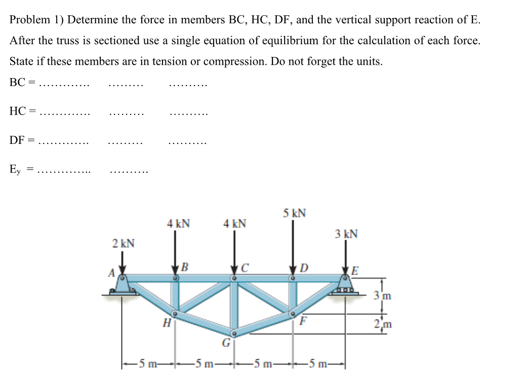 Solved Problem 1) Determine the force in members BC, HC, DF, | Chegg.com