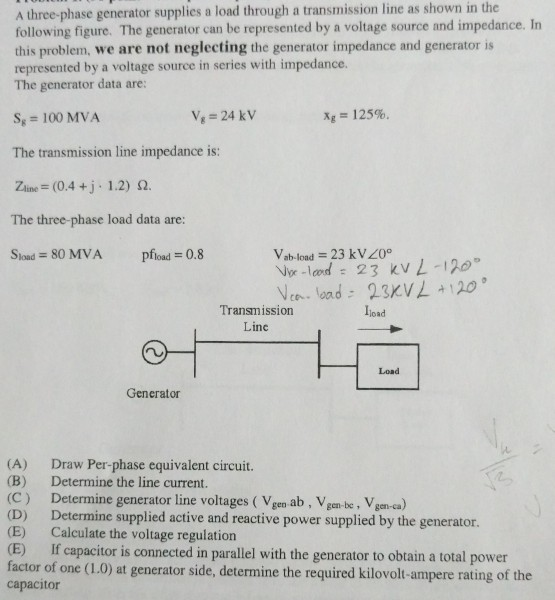 Solved A three-phase generator supplies a load through a | Chegg.com