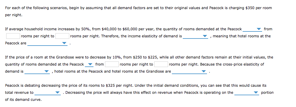 For each of the following scenarios, begin by assuming that all demand factors are set to their original values and peacock i