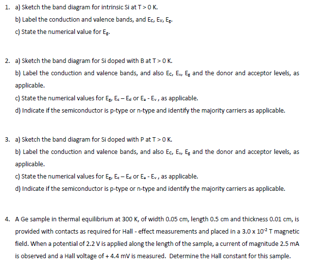 Solved 1. a) Sketch the band diagram for intrinsic Si at | Chegg.com
