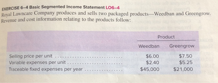 Solved EXERCISE 6-4 Basic Segmented Income Statement LO6-4 | Chegg.com
