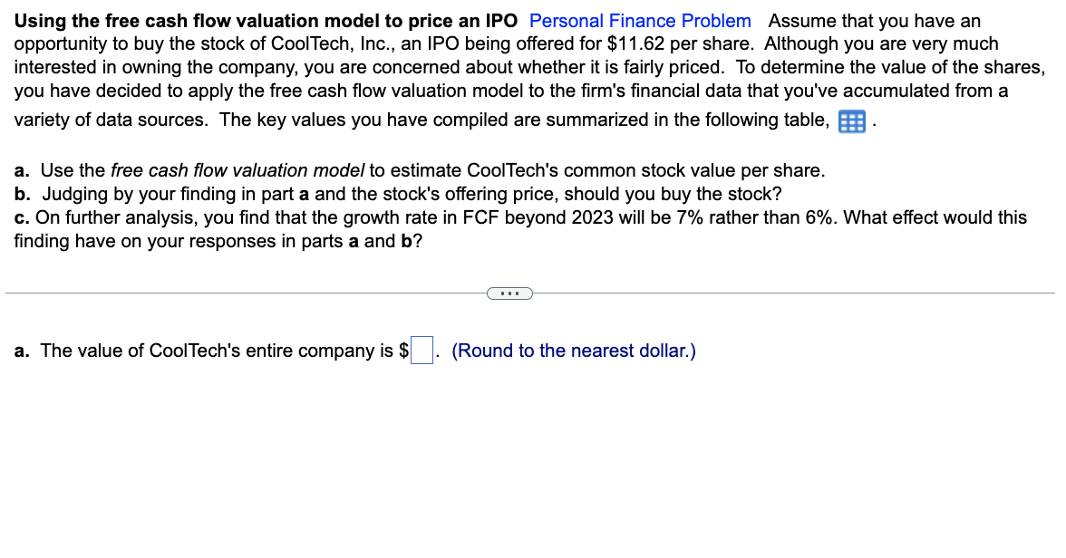 Solved Using The Free Cash Flow Valuation Model To Price An | Chegg.com