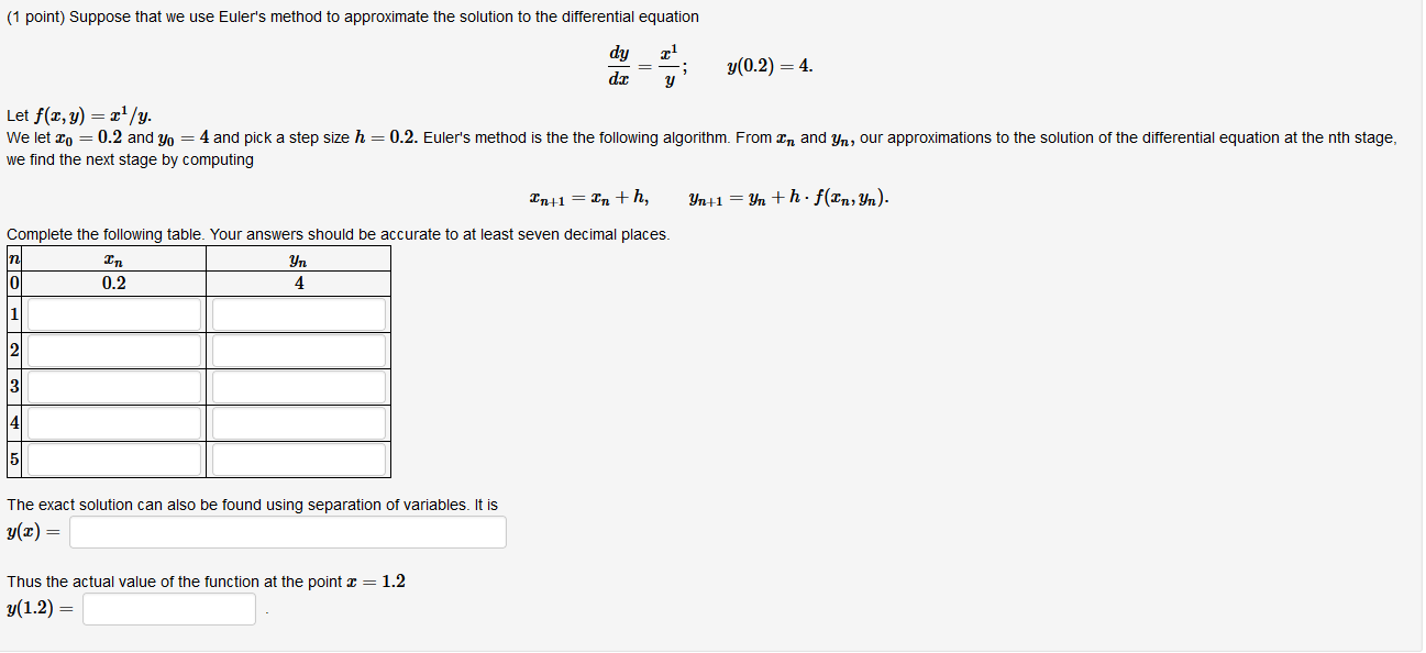 Solved (1 Point) Suppose That We Use Euler's Method To | Chegg.com