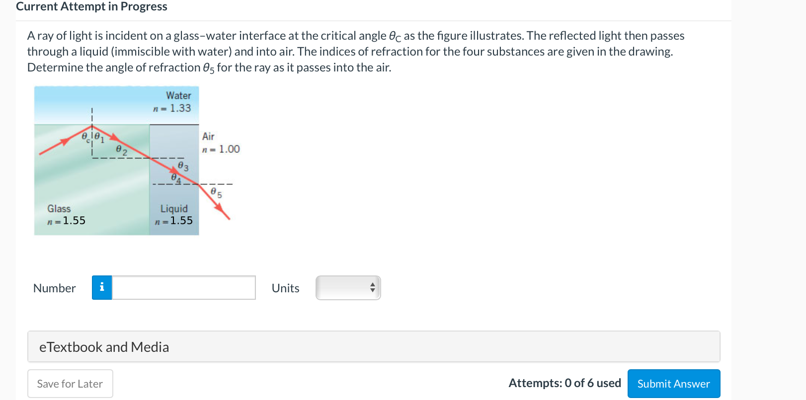Solved A ray of light is incident on a glasswater interface