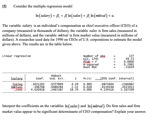 Solved [2] Consider the multiple regression model In | Chegg.com